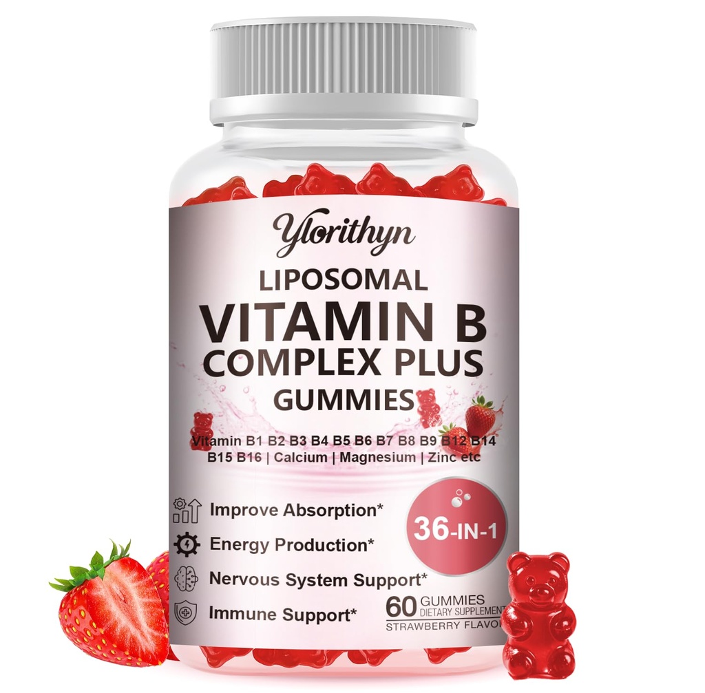 36-In-1 Liposomal Vitamin B Complex Gummies，Contains B1, B2, B3, B4, B5, B6, B7, B8, B9, B12, Vitamin C, D3, K2, Calcium, Magnesium, Zinc for Energy, Brain, Immune, Skin and Heart Support，Women & Men