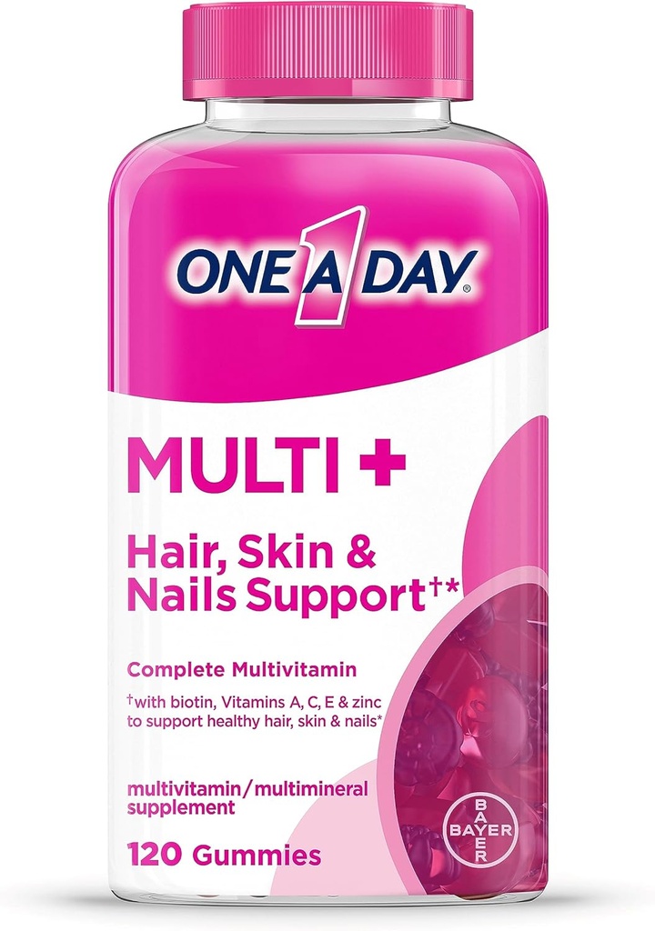 UNA GIORNO Multi+ Capelli, Pelle & Unghie, Multivitamina + Boost di sostegno per capelli sani, Pelle & Unghie con Biotina e Vitamine A, C, E & Zinc ,Gummy 120 Conte (2 Mesi di Alimentazione)