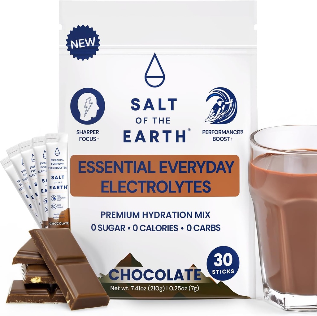 Salt of the Earth Premium Zero-Sugar Electrolyte - Realizzato con sale himalayano rosa - Pacchetti di polvere di idratazione | Ingredienti Premium | Keto & Paleo Friendly | 30 Sticks, Cioccolato
