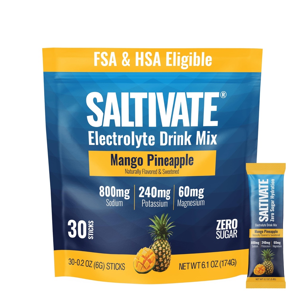 Electrolyte Packets, Mango Pineapple, 800mg Sodium, 30 Sticks | Sugar Free, No Stevia Aftertaste, No Artificial Flavors, Sweetened with Reb M from Fermented Rice, Vitamin C, Made in USA