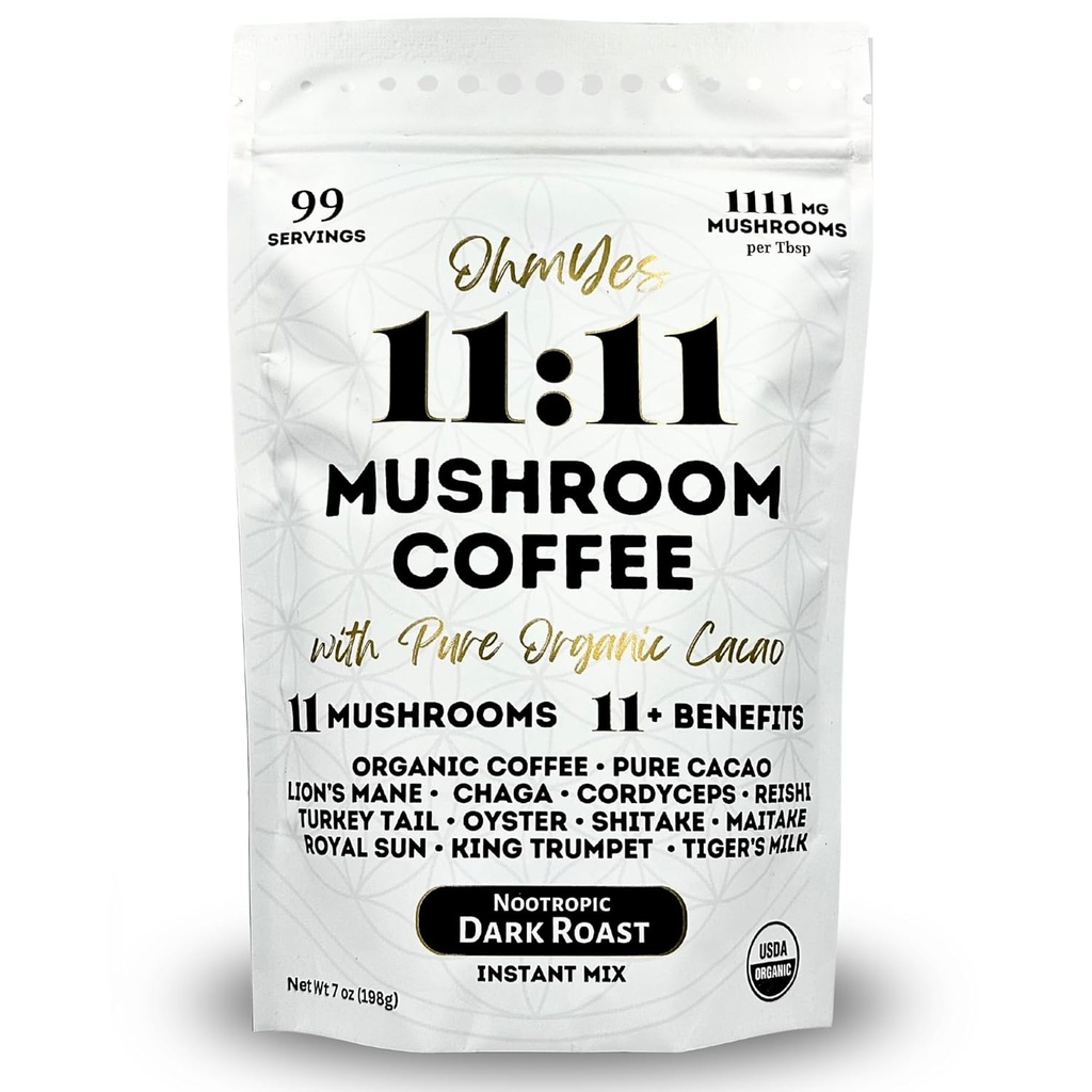 Ohmyes 11 Champignons Café avec Cacao – 11 USA Champignons adaptogènes pour Focus, Clarity & Energy – Lion, Reishi, Chaga + Nootropic Bio Superfood par OhmYes (7oz) - 99 portions