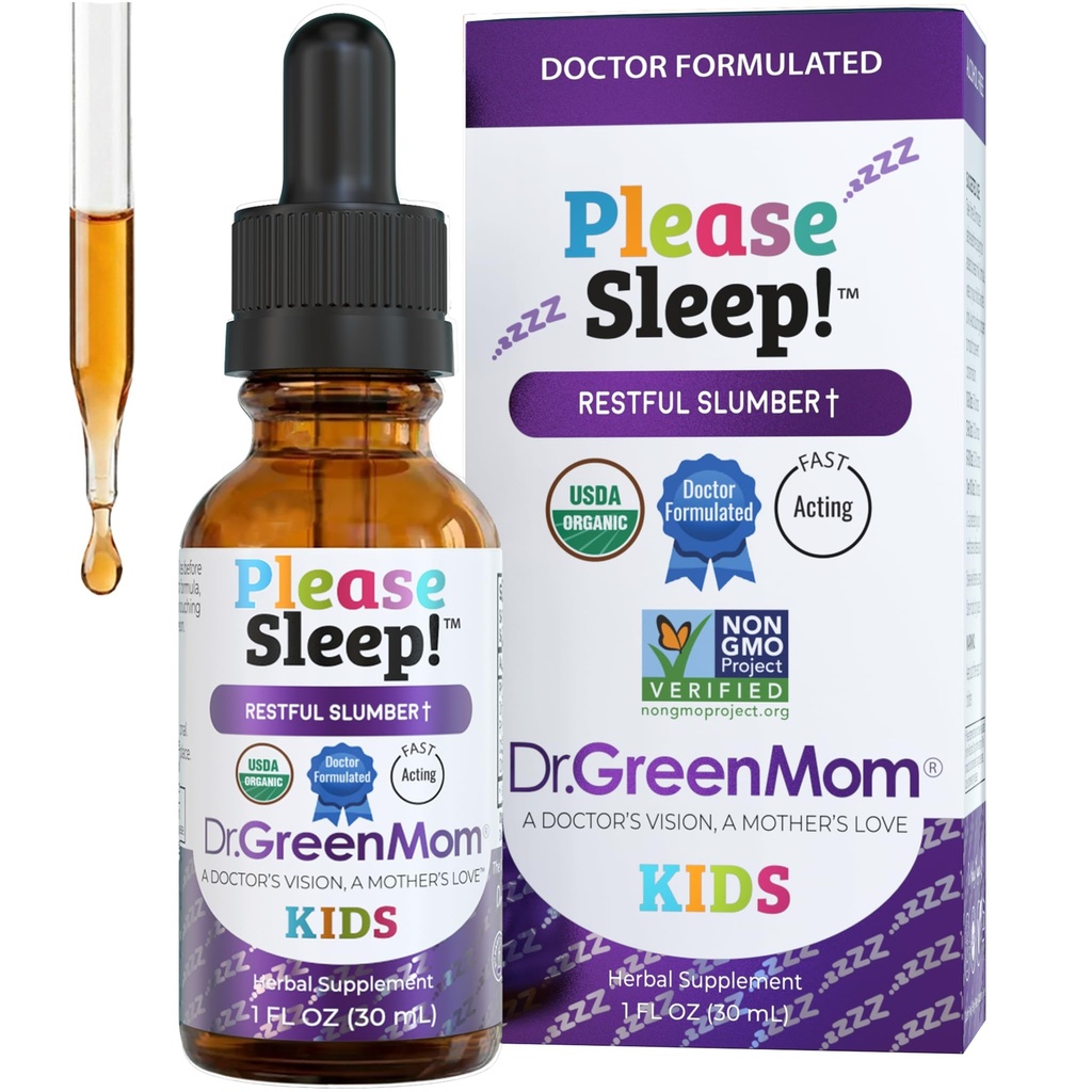Dr. Green Mom Please Sleep! Kids Sleep Support — Melatonin Free Liquid Drop | Baby, Toddlers & Children — Organic Herbal Remedy with Lemon Balm, Chamomile, Passionflower — Drug Free, No Added Sugar