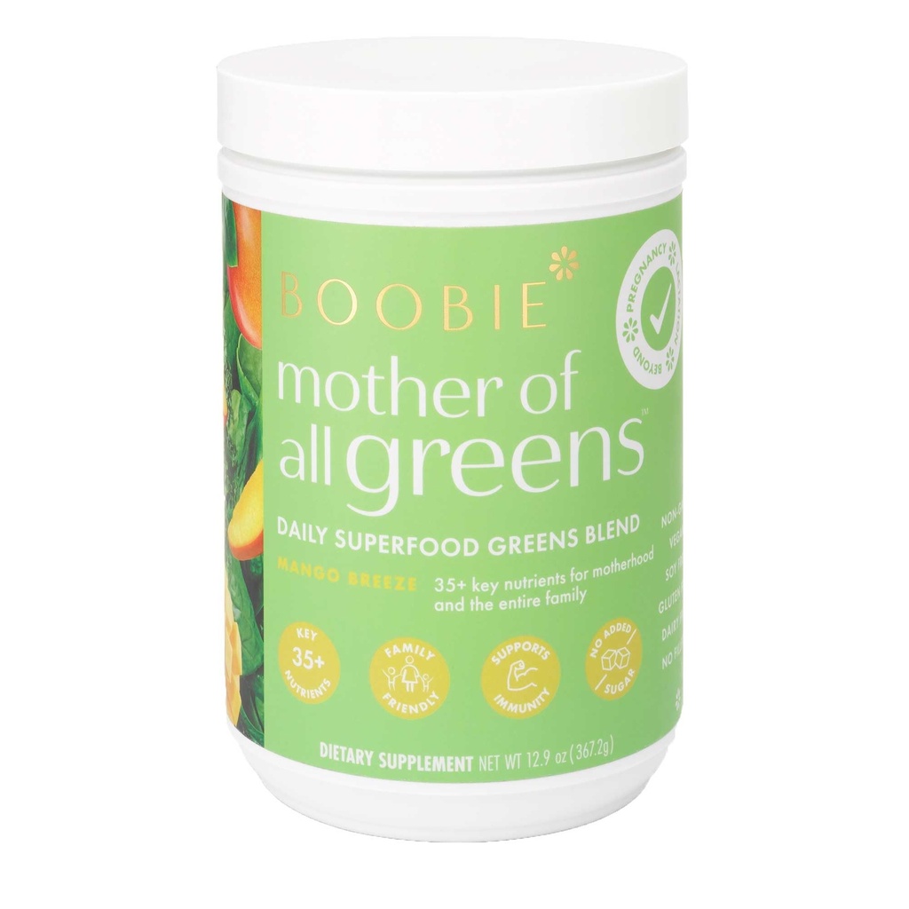 Boobie Pregnancy & Breastfeeding Superfood Greens Powder | Safe for Nursing Moms | 35+ Nutrients for Prenatal, Postpartum & Family Nutrition | Vegan, Gluten Free, Sugar Free | Mango Breeze, 60 Svgs