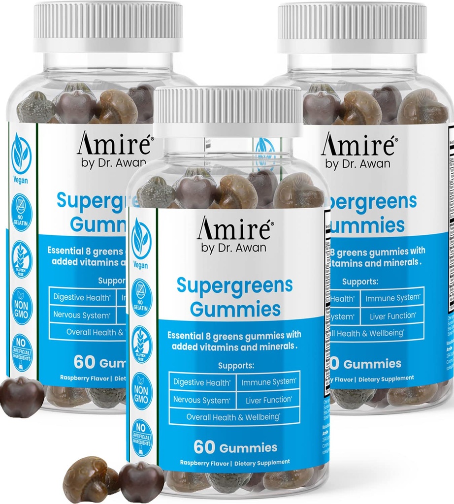 Amire by Dr. Awan Super Greens Gummies, Fruits & Veggies Supplement, Green Superfood for Immunity, Metabolism, Liver Function & Nervous System, Essential 8 Greens, 180ct, 90-Day Supply