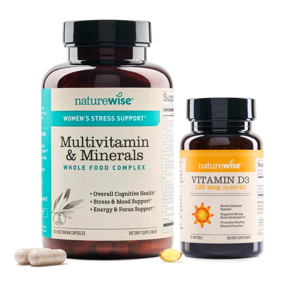 NatureWise [1 Multivitamin for Women Stress Support & Natural Minerals - 60 Capsules[30-Day Supply] + [1] Vitamin D3 5000iu + Organic Olive Oil - 30 Mini Softgels[30-Day Supply]
