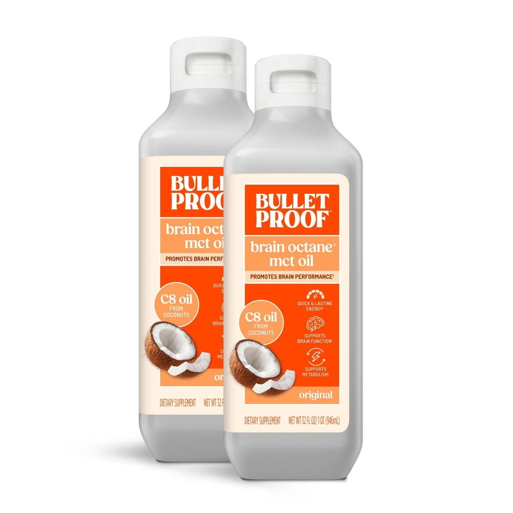 Olio MCT di ottano C8 a prova di proiettile, 32 once (pacchetto di 2), supplemento di Keto per il supporto di energia e metabolismo sustenuto, imballaggio May Vary