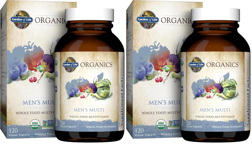 Garden of Life Organics Whole Food Multivitamin for Men,120 Tablets,Vegan Mens Vitamins and Minerals for Health and Well-Being,Certified Organic Vegan Multi,(Pack of 2)
