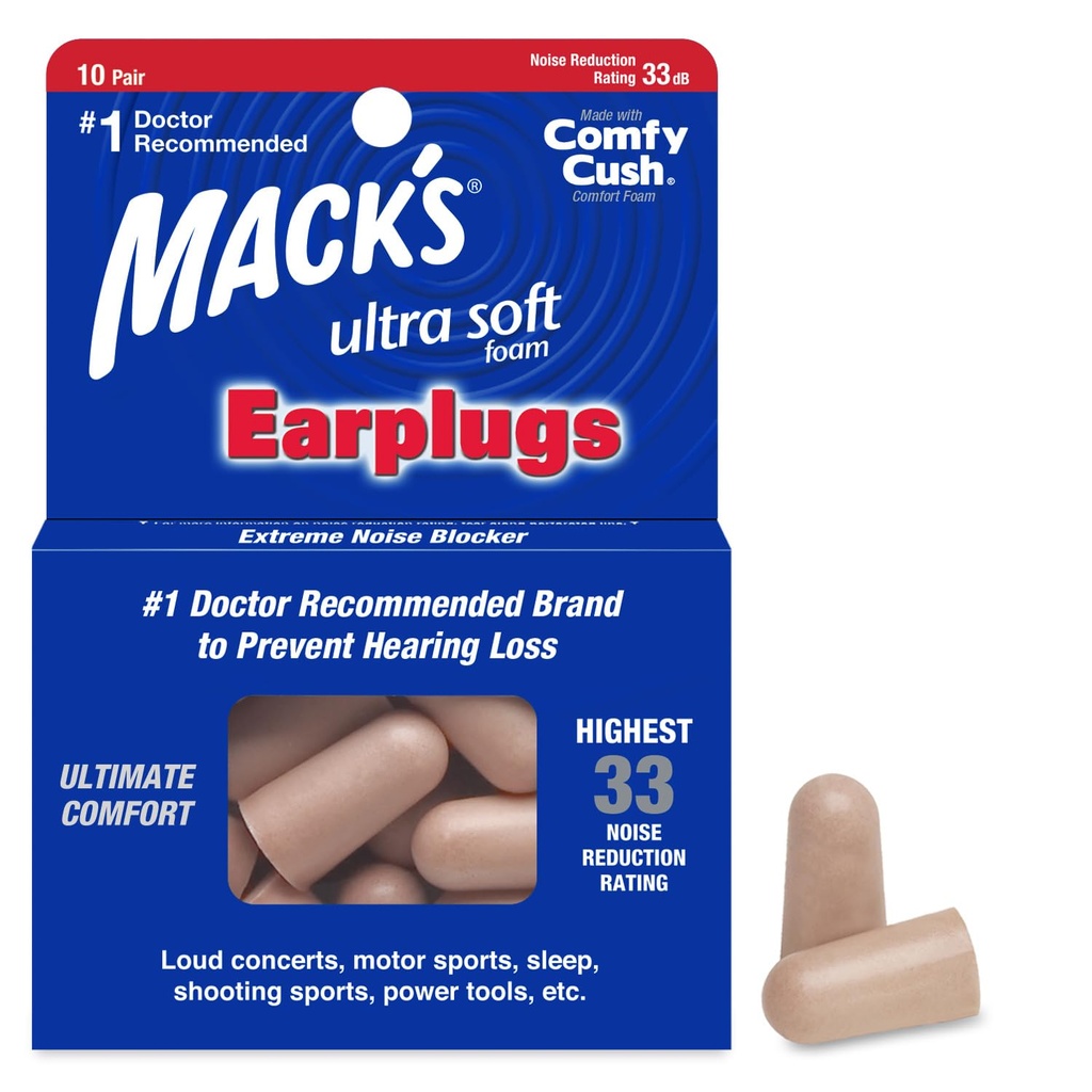 Mack's Ultra Soft Foam Earplugs, 10 Pair - 33dB Highest NRR, Comfortable Ear Plugs for Sleeping, Snoring, Work, Travel and Loud Events | Made in USA