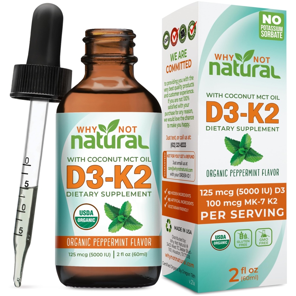 Warum nicht natürliches organisches Vitamin D3 K2 (MK-7) flüssige Tropfen, 5000 IE sublinguales D3 mit Kokosnuss-MCT-Öl, für starke Knochen und Zähne, Herz und Immununterstützung