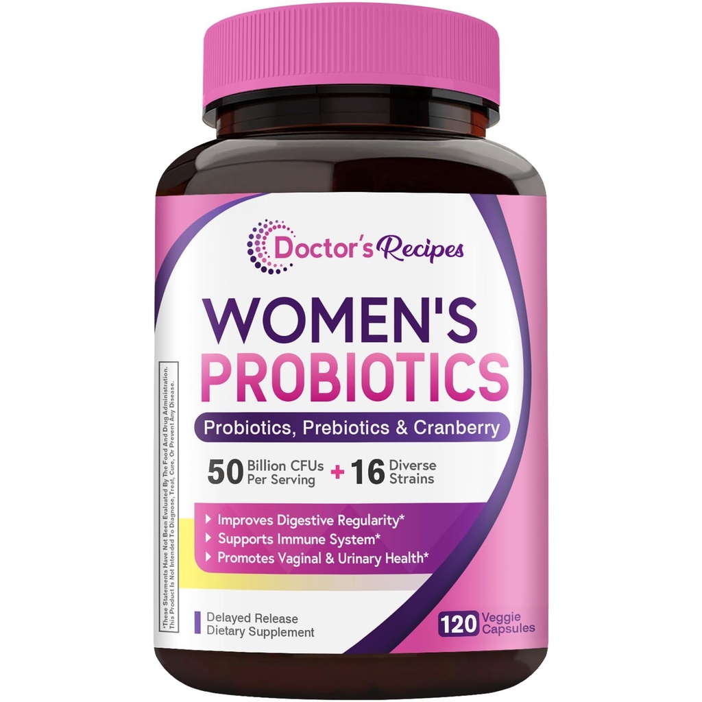 Recettes de médecin Probiotique pour femmes, 120 capsules 50 milliards CFU 16 souches, avec canneberge biologique, santé vaginale et urinaire digestive, plateau stable, libération retardée, sans lait de gluten de soja