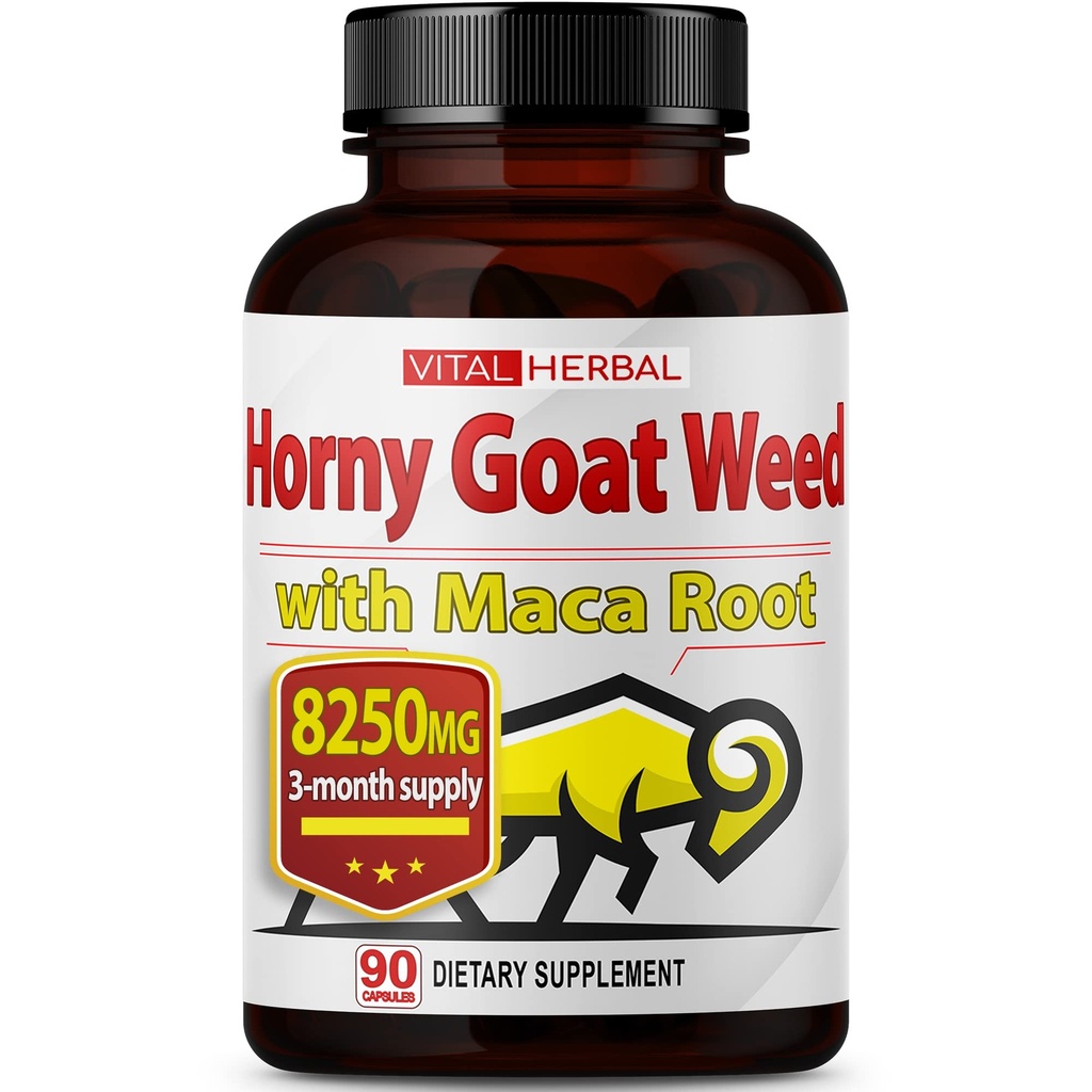 Vitale Kräuter Horny Goat Weed Capsules for Maximum Strength with Maca Root Tribulus Ashwagandha Tongkat Ali Panax Ginseng for Men Women, Boost Energy (90 Count)