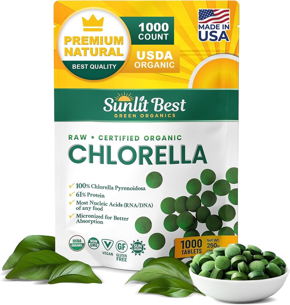 Sunlit Best USDA Organic Premium Chlorella Tablets 1000 Count | 100% Pure Chlorella Superfood Supplemento Alto in Proteine, Clorofilla, Vitamine e Minerali | Supporta Buona Salute, Benessere