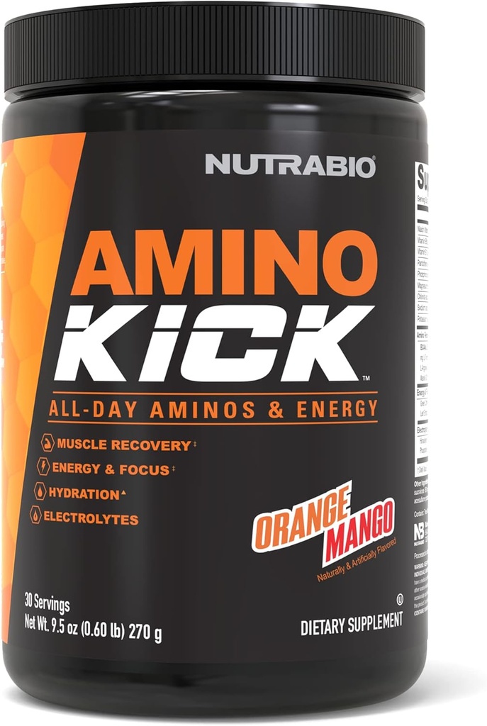 NutraBio Amino Kick – BCAA poudre avec caféine naturelle – Supplément acides aminés pour l'énergie, l'hydratation et la récupération – BCAA, électrolytes et acides aminés – mangue orange, 30 portions