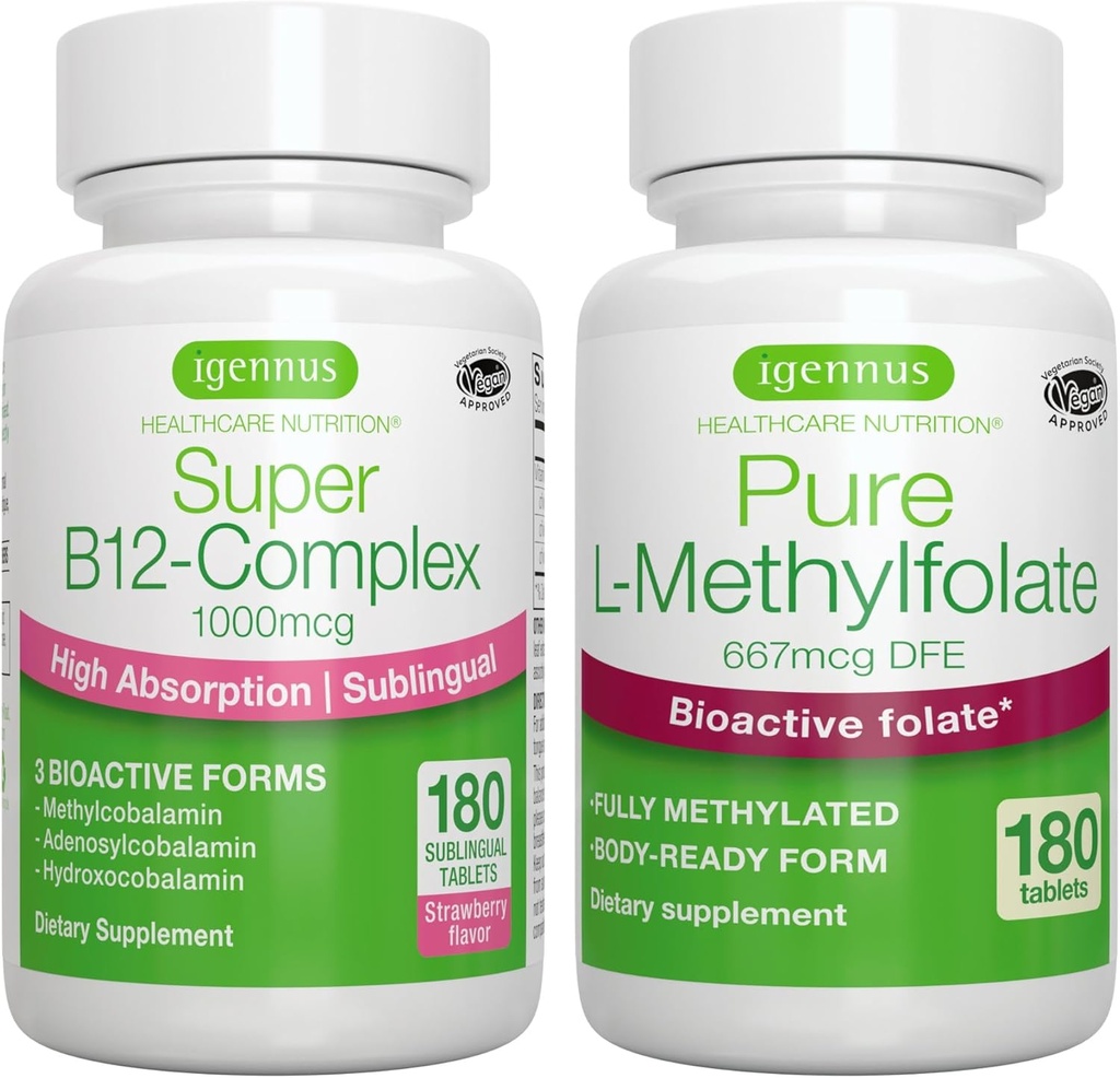 Super B12-Complex 1000mcg + Pure Folate 400mcg Vegan Bundle, Hohe Absorption Sublingual Vitamin B12 mit Methylcobalamin, Adenosylcobalamin & Hydroxocobalamin + Optimiertes L-Methylfolat, von Igennus