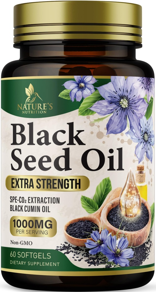 Black Seed Oil Softgels 1000mg - Premium Nigella Sativa Blackseed, Pure Natural Black Cumin Seed Oil & Antioxidant für Haut und Immununterstützung - Non GMO, Bottled in USA Supplement - 60 Softgels