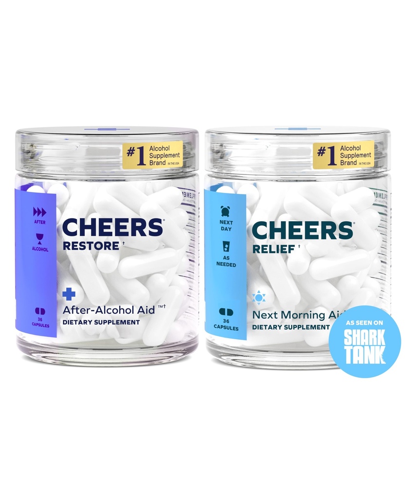 Cheers R&R Combo | Ripristino + Rilievo | Sentirsi meglio dopo aver bevuto e sostenere il vostro fegato | DHM, L-Cysteine, cardo del latte, Ginger, White Willow Bark, Caffeina, L-teanina | 12 dosi Ogni | Supplementi