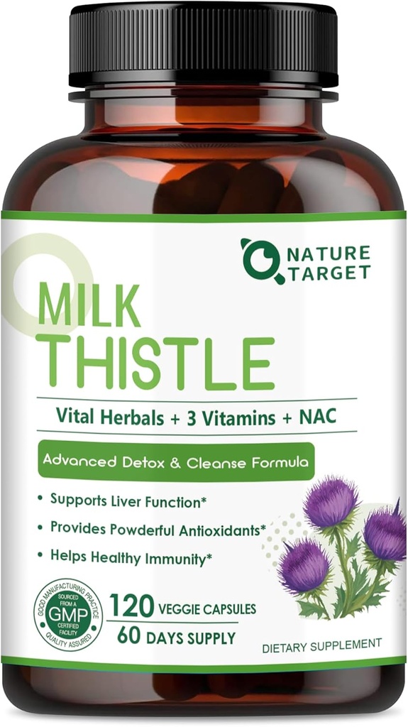 NATURA TARGET Latte supplemento di cardo per la pulizia del fegato Detox & riparazione, supplemento di supporto con 350mg di 30:1 Estratto di cardo del latte Equivalente a 10500mg, 120 capsule di verdure (alimentazione di 60 giorni)