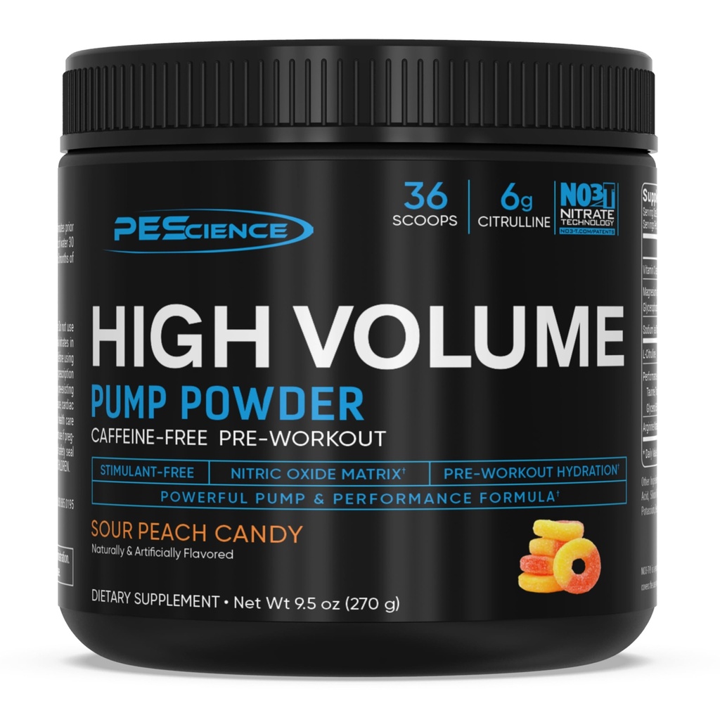 PEScience High Volume Stim-Free Pre Workout Pump Powder, Nitric Oxid Booster mit L Citrulline & L Arginine Nitrat, Non-Stim Preworkout für Männer und Frauen, 36 Scoops, Sour Peach Candy