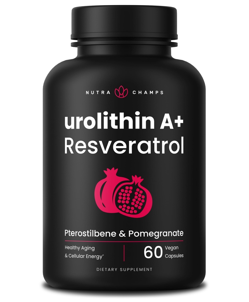 Urolithin A+ | Advanced Mitochondrial Supplement with Resveratrol, Pterostilbene & Pomegranate | Cellular Energy, Vitality & Longevity | Mitochondrial Support Formula – Vegan, Non-GMO – 60 Capsules