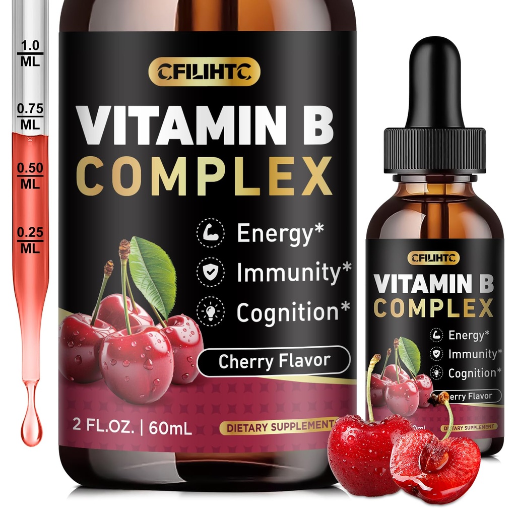 Vitamin B Complex Liquid Drops, B Vitamins Complex Supplement mit B1, B2, B3, B5 B6, B7, B9 & Methyl B12 Tropfen für Erwachsene & Kinder, Vegan, Kirsche Flavor