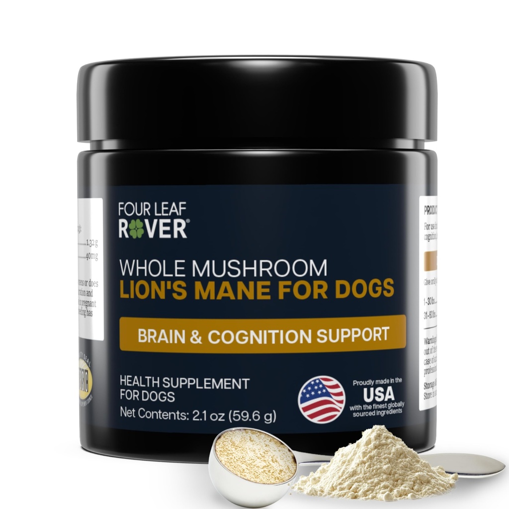 FOUR LEAF ROVER - Lion's Mane Mushrooms for Dogs - Unterstützt gesunde Gehirne und Nervous Systeme in Hunden aller Altersgruppen - Organische ganze Pilze - 3. Partei Getestet - 60 Tage große Hundeversorgung