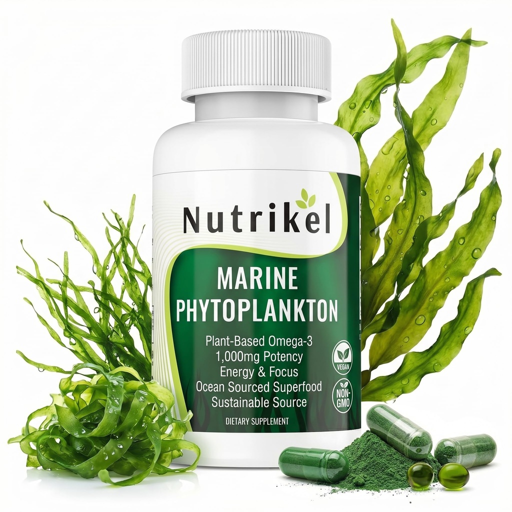 Marine Phytoplankton Omega 3 Supplemento – Algae a base vegetale capsule per energia, messa a fuoco e supporto cellulare – Vegan Superfood per cervello, cuore e salute della pelle – 1.000mg – 60 Vegan capsule
