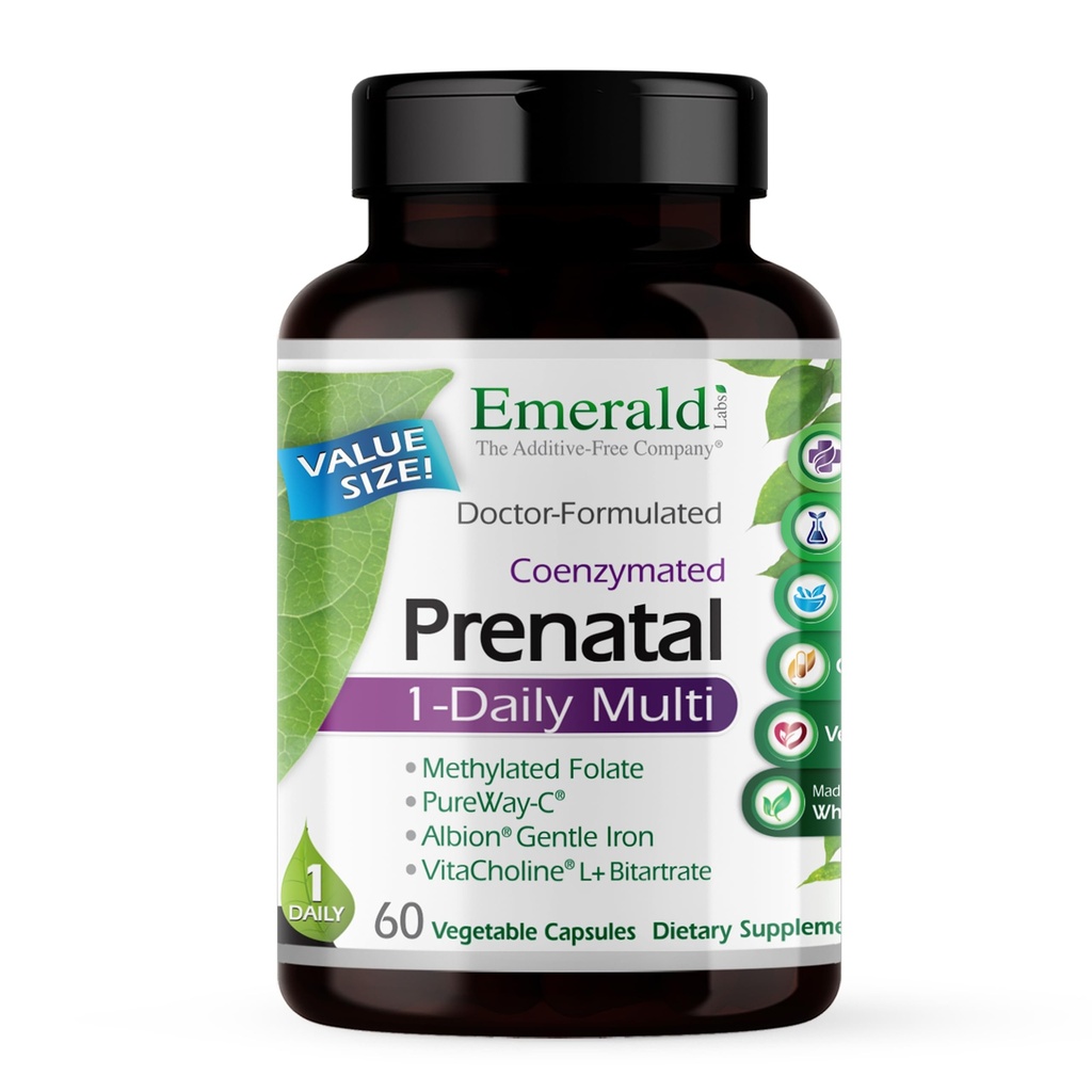 EMERALD LABS Prenatal 1-Daily Multi - Multivitamina Prenatale con Folato Metilato, Ferro da stiro, Miscela Tutto-Fod & More - Soia-Free, Gluten-Free - 60 Capsule Vegetali