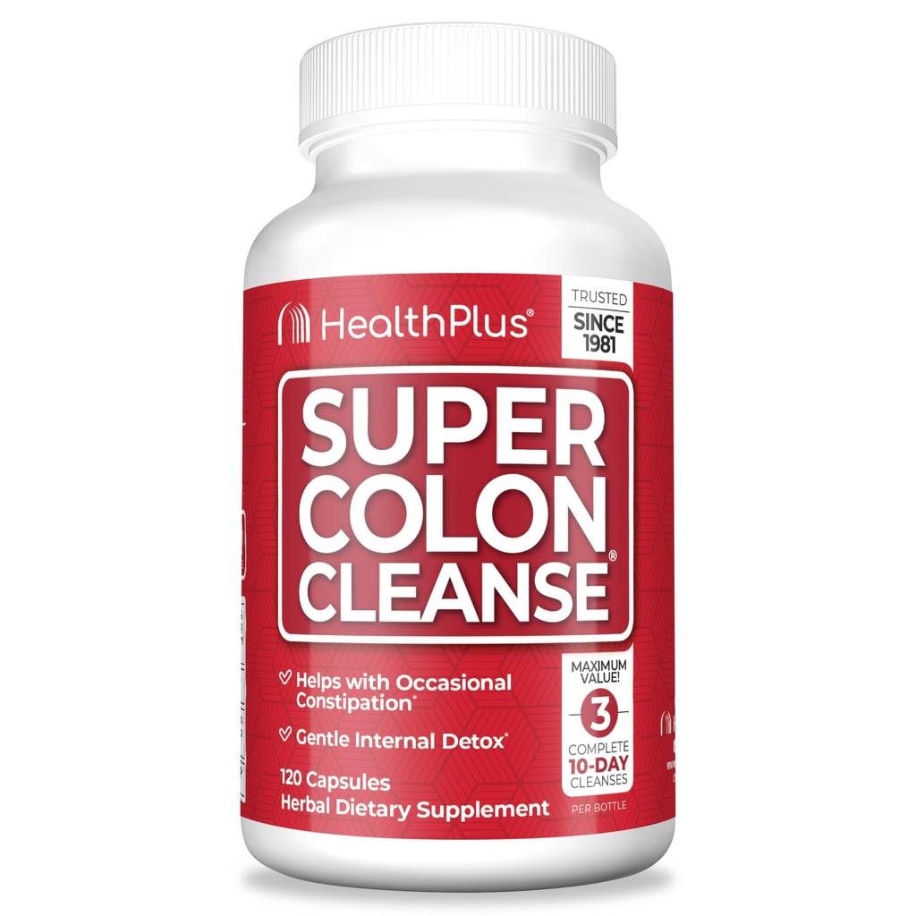Health Plus Super Colon Nettoyer 30 jours d'approvisionnement en détox doux, musc de Psyllium, probiotiques pour le soulagement de la constipation et le soutien digestif, 120 capsules