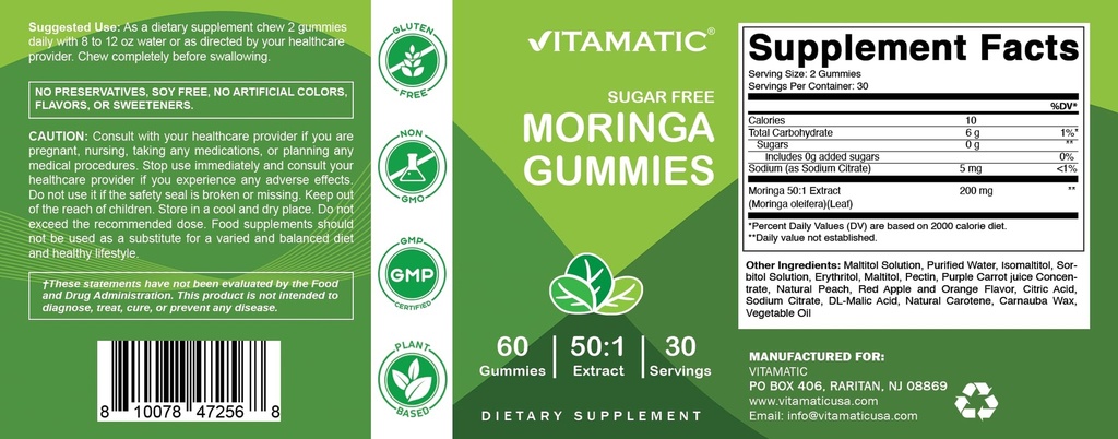 Vitamatic Moringa 200 mg Gummies – Sugar-Free – Green Superfood – Pectin-Based, Vegan, Non-GMO – 60 Gummies