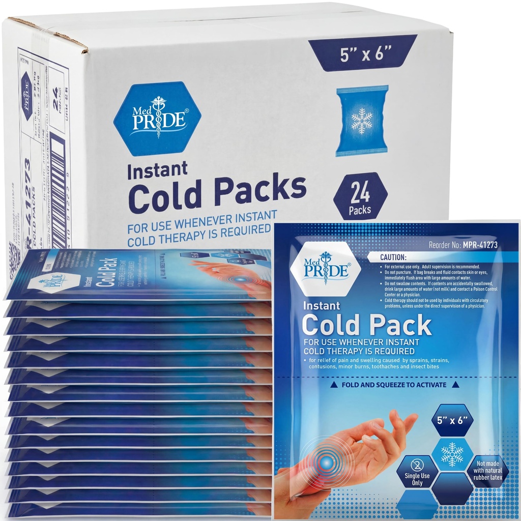 MED PRIDE Instant Ice Bags for Injuries, Disposable First Aid Cold Compress, Swelling, Pain Relief, Sprains, Toothache (5x6 Inch (Pack of 24) Clear)