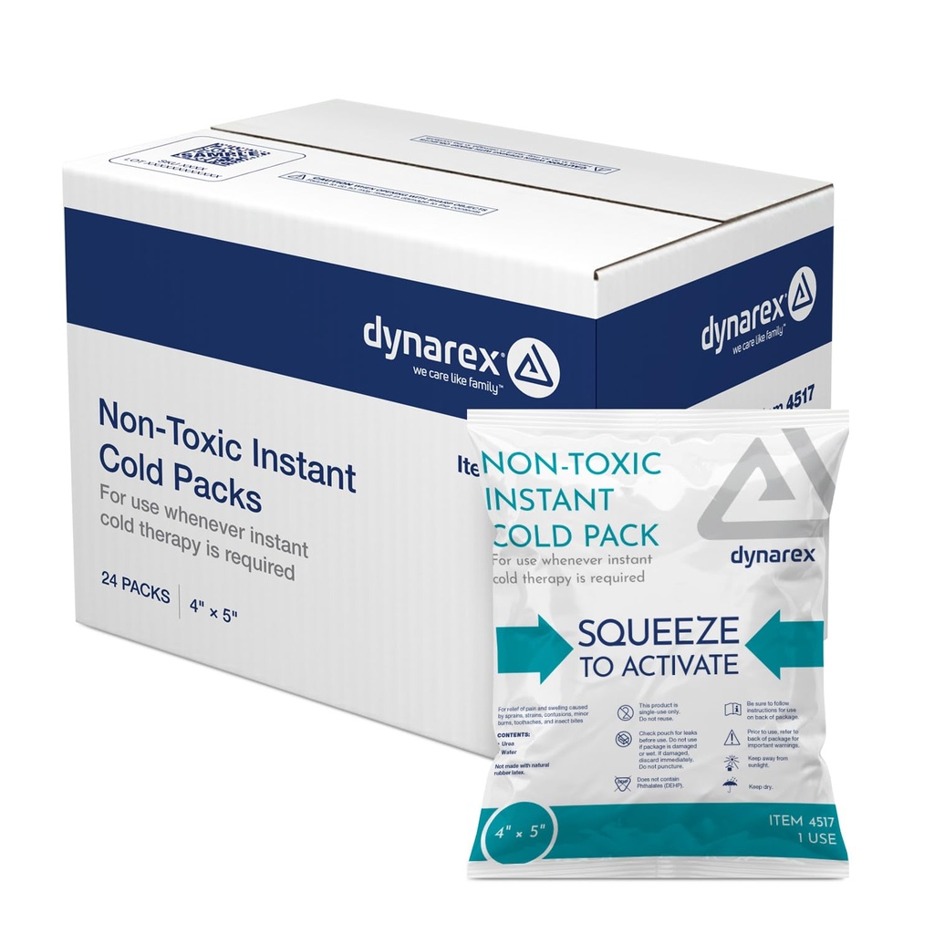 Dynarex Instant Cold Packs - Non-Toxic - Disposable Cold Compress for First Aid - Portable and Conforms to Body Contours - Quick Activation - 4" x 5" - 24 Count