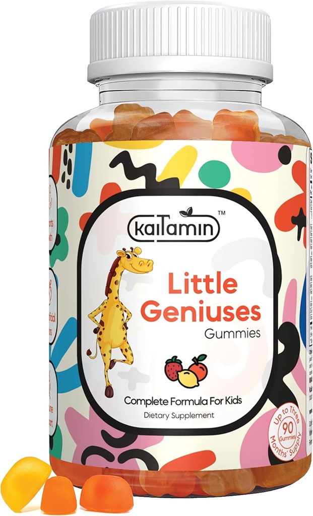 Kinder Multivitamin Gummies Little Geniuses: Vitamine C, D3, Zink, Folate, für Immunität, Intelligenz, Fokus und Wachstum. Vegan, Non-GMO, Bio, Gluten-Free| 90 Gummi 3 Monate Versorgung