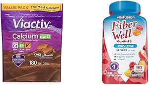 Viactiv Kalzium Plus Vitamin D Beilage Weichkäse, Braun, Milchschokolade, 180 Count & Vitafusion Fiber Well Sugar Free Fiber Supplement, Peach, Erdbeere und BlackBerry Flavored