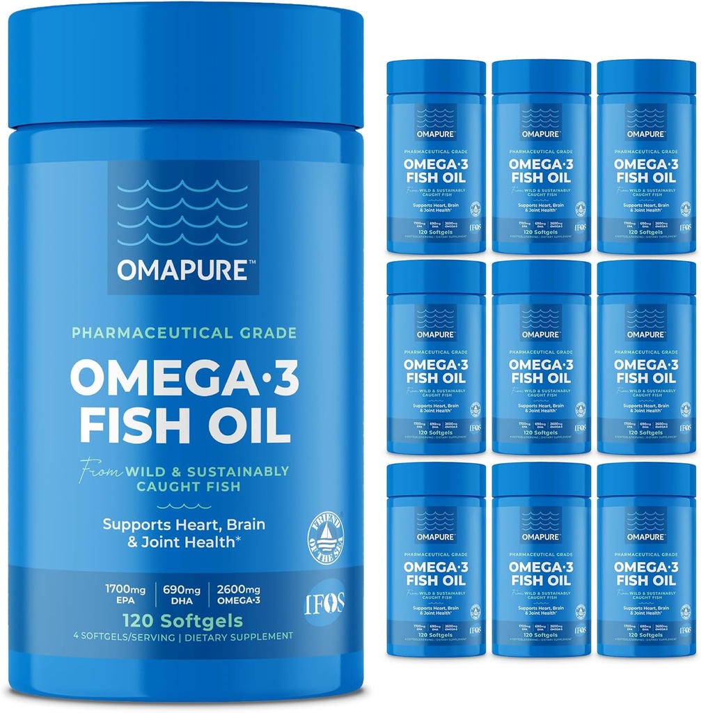 OMAPURE Wild Capture Omega-3 Suppléments avec High EPA & DHA (10 bouteilles, 120 softgels) - La formule sans Burpless soutient la santé du coeur et des articulations, favorise la fonction cérébrale