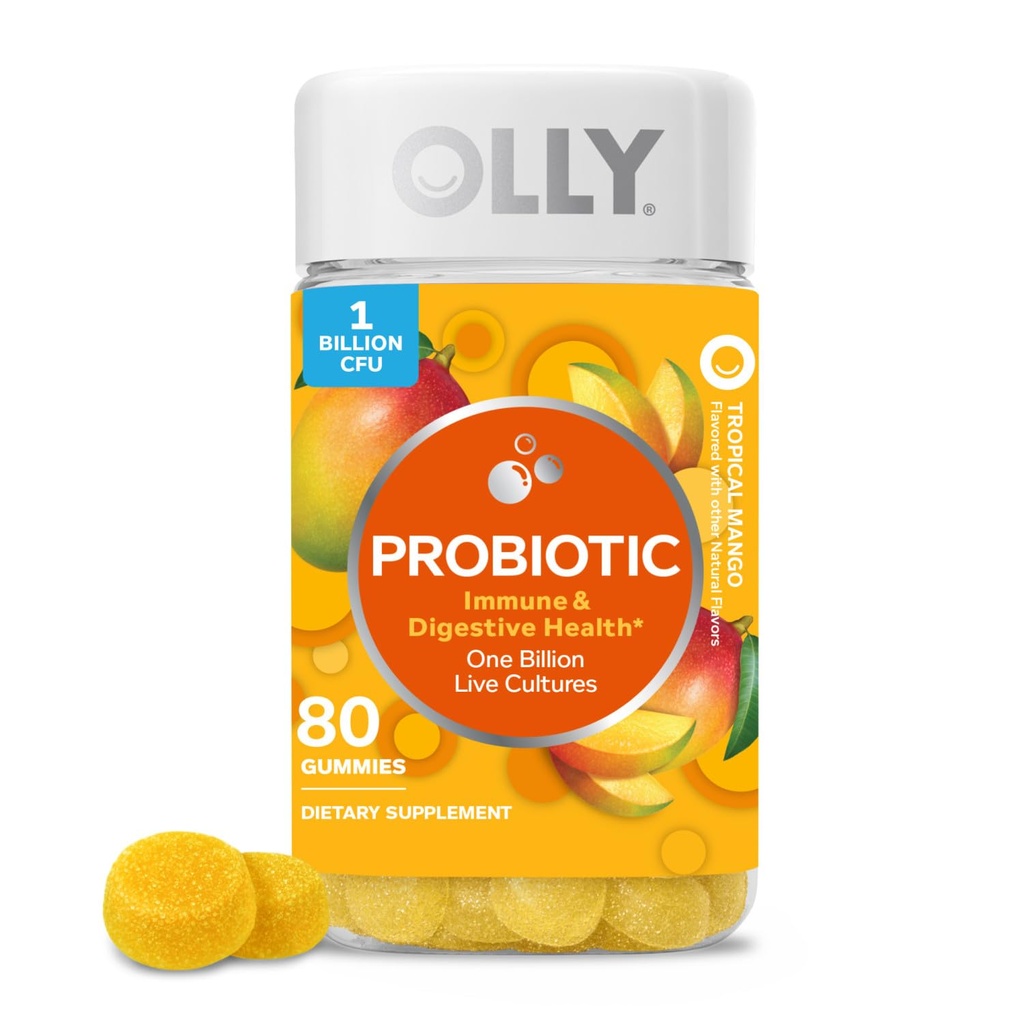 OLLY Probiotische Gummy, Immunsystem und Verdauungsunterstützung, 1 Milliarde CFUs, Kaubare Probiotische Ergänzung, Mango Aromatisiert, 40 Tage Versorgung - 80 Zählen