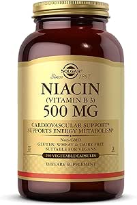Niacin Solgar (Vitamina B3) 500 mg, 250 capsule vegetali - Metabolismo energetico - Non OGM, Vegan, Gluten Free, Dairy Free, Kosher - 250 Servings