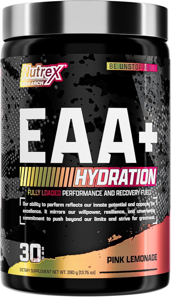 Nutrex Research EAA Hydration | EAAs + BCAA Powder | Muscle Recovery, Strength, Muscle Building, Endurance | 8G Essential Amino Acids + Electrolytes | (Packaging My Vary) 30 Servings (Pink Lemonade)