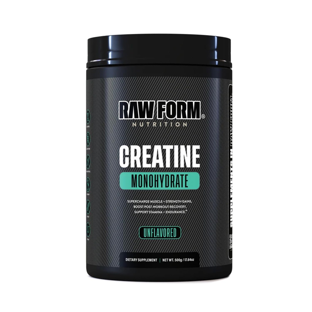 Raw Form Creatine Monohydrate Micronized Powder, 100 Servings, 500g, Unflavored, No Additives, Muscle Building, Strength Gain, Vegan, Non-GMO, Gluten & Soy Free Fitness Supplement