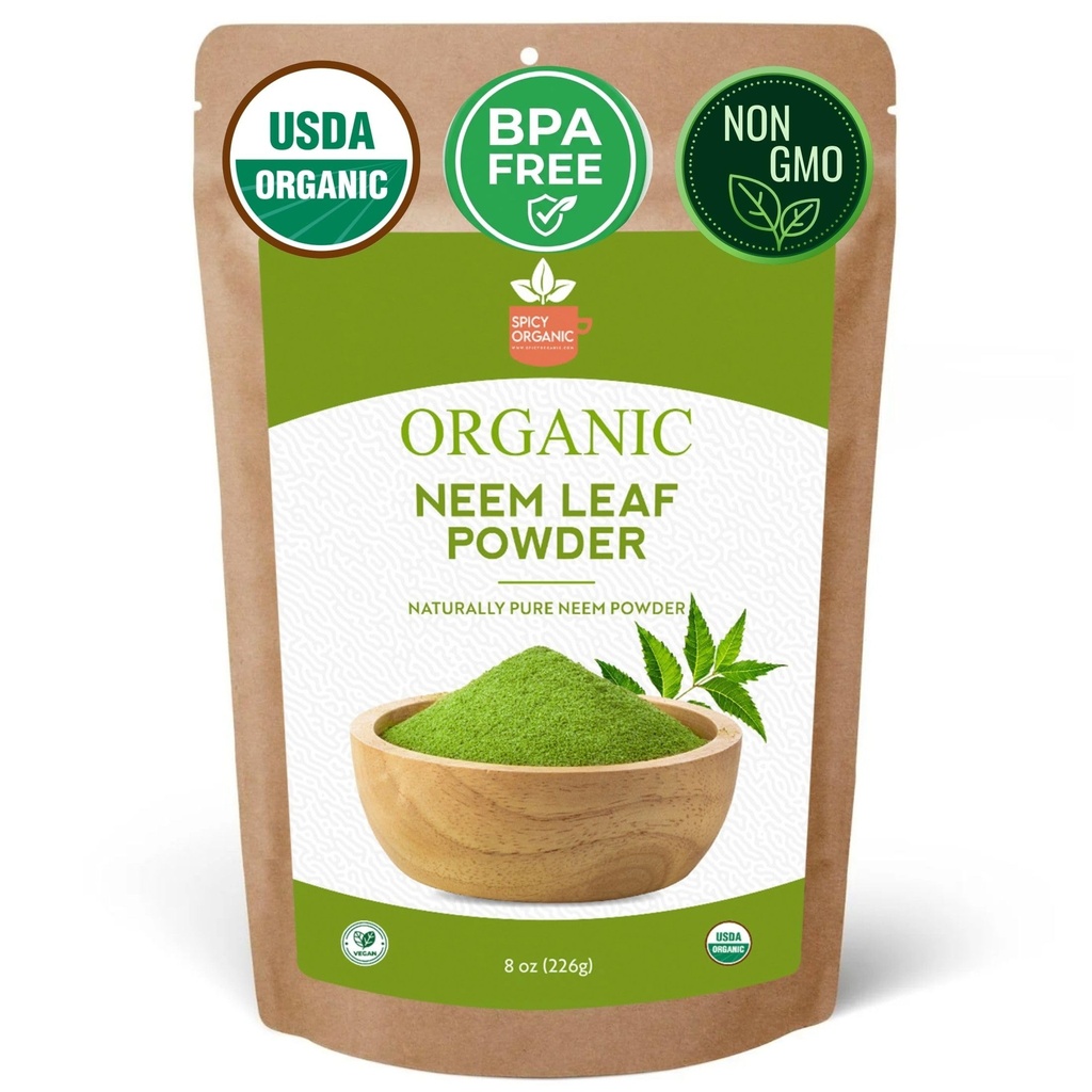SPICY ORGANIC Neem Powder – 8 oz. - Certified USDA Organic -Non-GMO - Fresh Dried Neem Leaves Powder for Healthy Hair and Skin - Azadirachta Indica Ayurvedic Herb for Overall Wellbeing