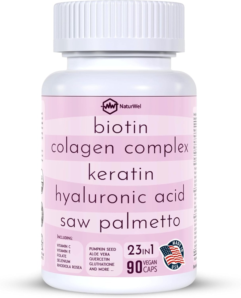 Collagène 1000mg Rhodiola Rosea 2500mg Biotine 10 000mcg, acide hyaluronique, bloquant DHT, vitamine C et E, acide folique, Aloe Vera, Quercetin, thé vert, kératine, MSM - 90 Compte (90 Compte (paquet de 1))