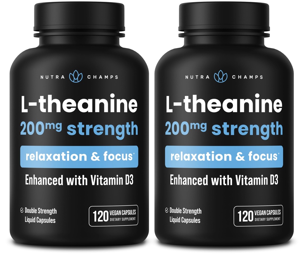 NutraChamps L-Theanin 200mg Kapseln, Double-Strength L-Theanin Flüssigkeit mit Vitamin D3, Bio Kokosöl, 120 Vegan Kapseln (Pack von 2)