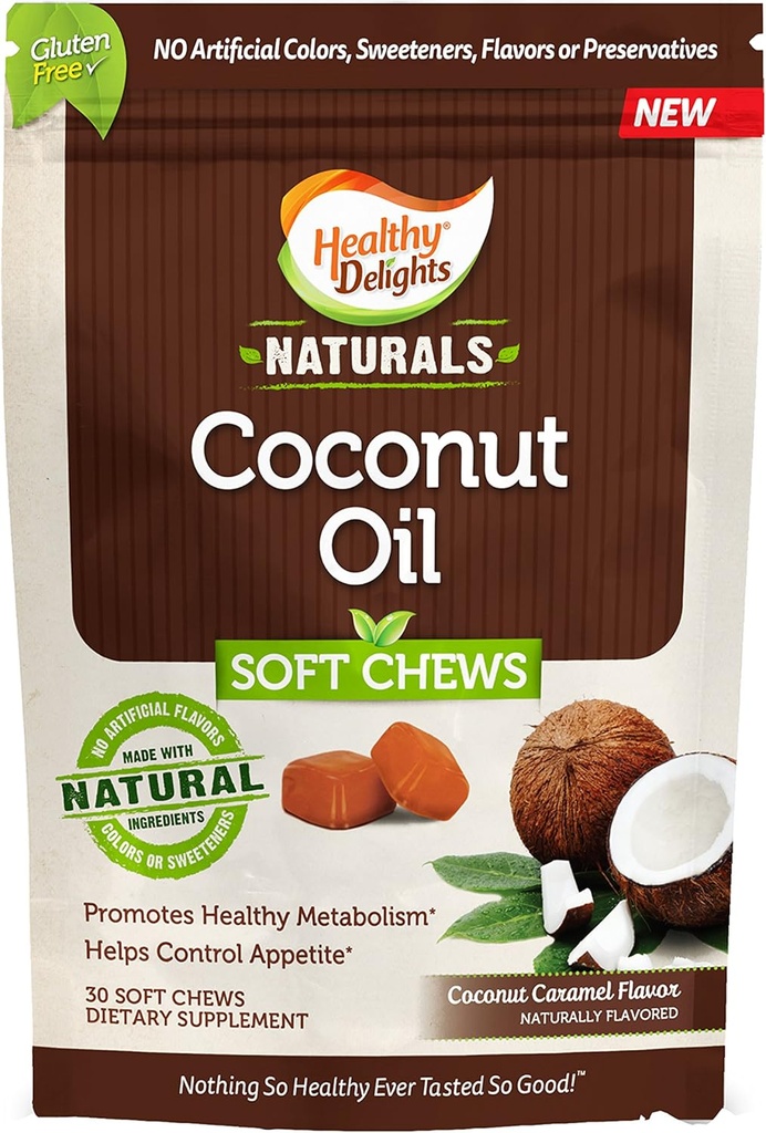 Salute Delights Naturals, Olio di cocco Soft Chews, promuove il metabolismo sano, aiuta a controllare l'appetito, Delicious Coconut Caramel Flavor, 30 conte