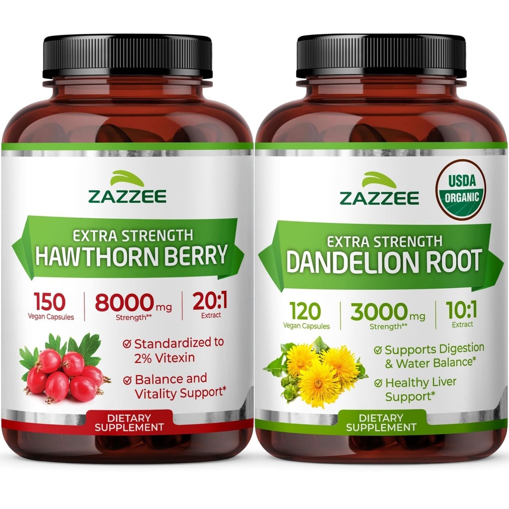 Zazzee Herbal CardioVascu Support Bundle | 10:1 Organic Dandelion Root Capsules & 20:1 Extra Strength Hawthorn Berry Capsules | Non-GMO Vegan & ISO Lab Tested