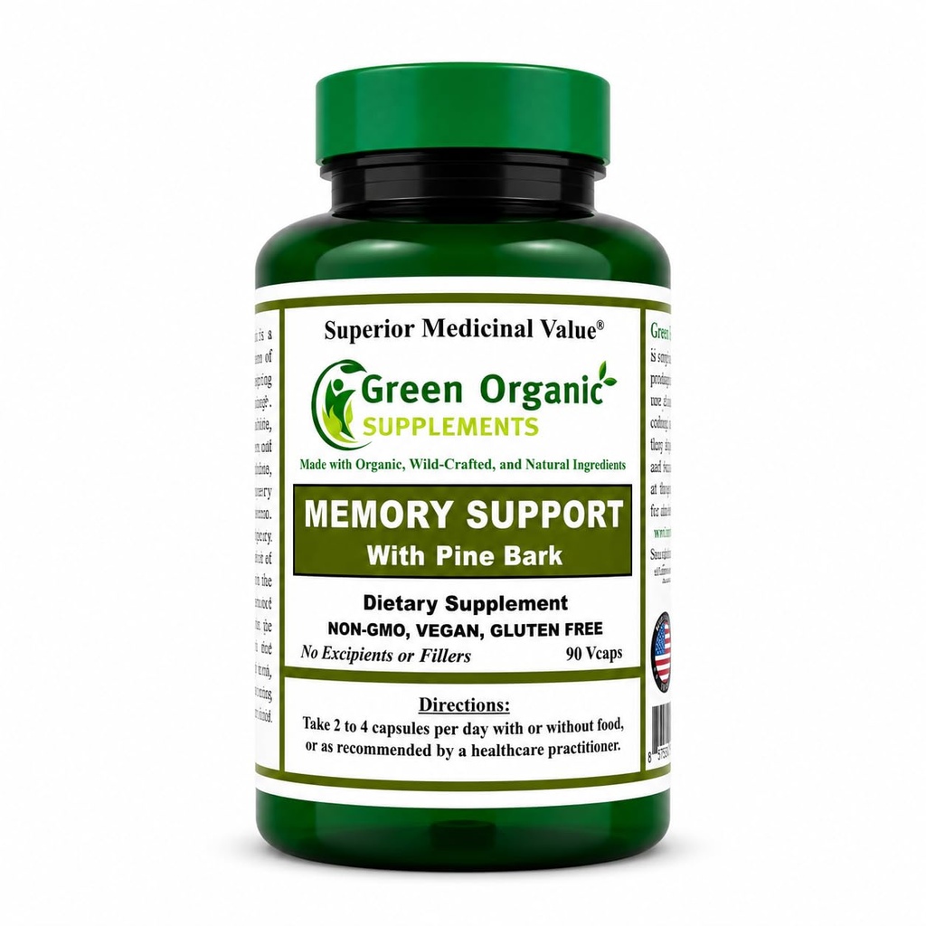 Green Organic Supplements' Memory Support, Non-GMO, Vegan, Gluten-Free Dietary Supplement, Organic, Wild Crafted and Hand Made Formula for Sharp Memory