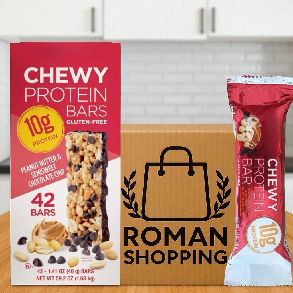 Protein Bars – Peanut Butter & Semisweet Chocolate Chip – 10g Protein per Bar – Gluten Free, Kosher – 42 Count (1.41 oz Each) – Distributed by Roman Shopping – Kirkland