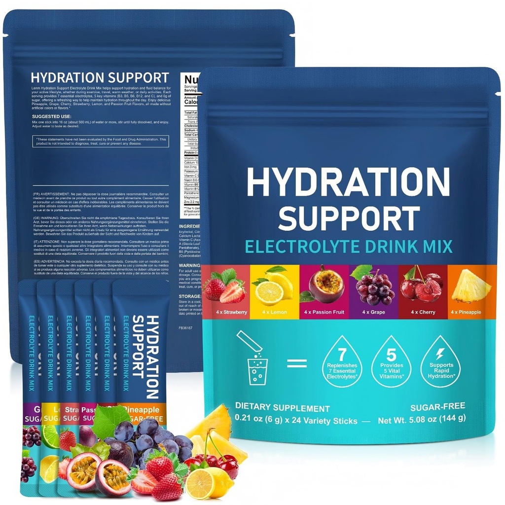 Electrolytes Sachets 24PCS, Electrolytes Powder with Hydration Nutrition, Zero Sugar Hydration Packets with 7 Key Electrolytes & 5 Vital Vitamins for Rapid Hydration, 6 Flavors