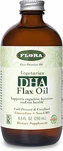 Flora DHA Flax olio - Supporta la salute del cervello - Contiene Vegan Omega-3-6-9, senza glutine, Kosher & Non-GMO - Tenere Chilled - Bottiglia di vetro - 8.5 fl. oz.
