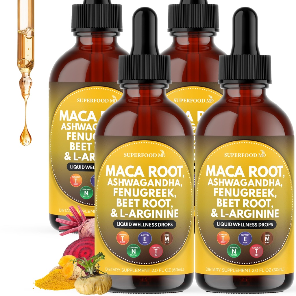 Superfood MD Maca Root Liquid Drops with Ashwagandha, Nettle, Fenugreek, Beet Root and L-Arginine Liquid Multivitamin for Women and Men - 8 Oz