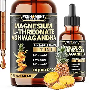 11in1 Magnesio L-Threonate gocce liquide con Ashwagandha, Vitamina D3, Vitamina C, Vitamina B6, e 6 Più - Supporto cerebrale - Ananas Flavor - 2 FL OZ per Full 2-Month