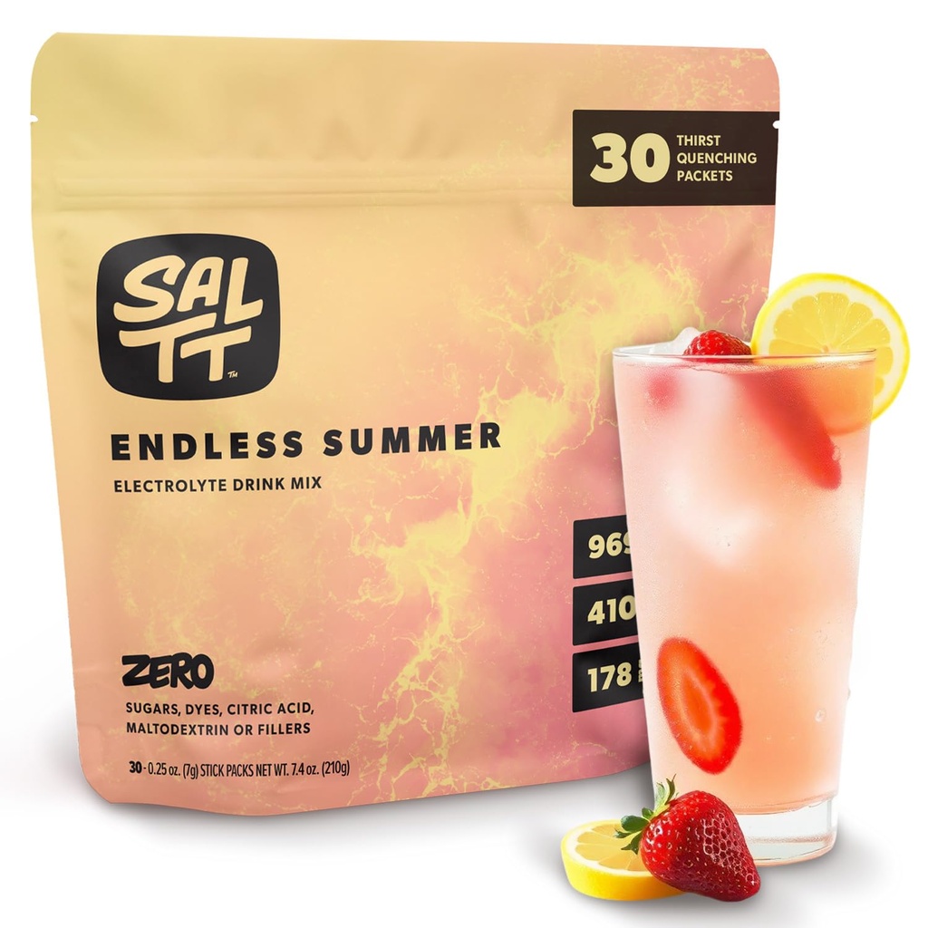 SALTT Electrolytes Powder Flavored Drink Mix - Endless Summer - 30 Hydration Packets - Magnesium, Potassium, Sodium, Trace Minerals - Zero Sugar & Gluten Free - Travel Essentials